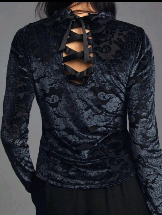 Anthropologie Tops - Anthropologie Black Velvet Burnout Lace-Up Back Top Sz.XL Euc!